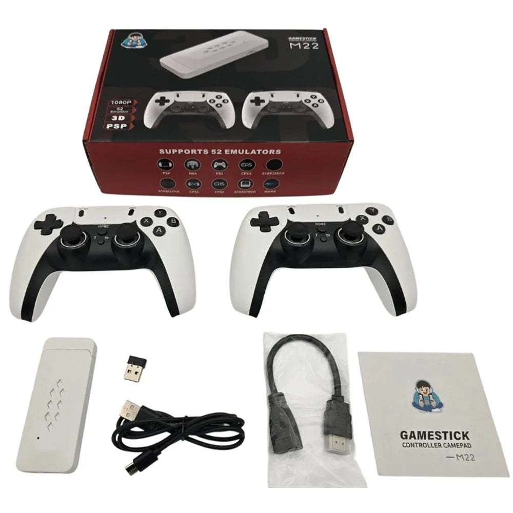 A complete set of the X2 Plus wireless game stick system, featuring the console, two black game controllers, a USB receiver, a power cable, and an HDMI extension cable, all arranged against a white background.