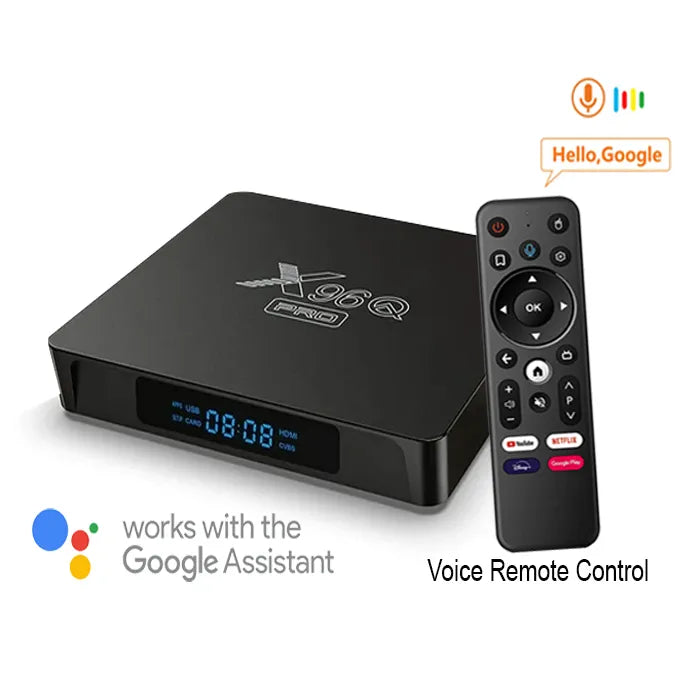 X96Q Pro Android TV box featuring Google Assistant and voice remote control, available at Zoni Stores Pakistan.