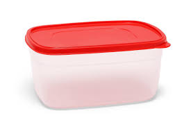 A stack of three clear food storage containers with red lids filled with various meals, available at Zoni Stores.