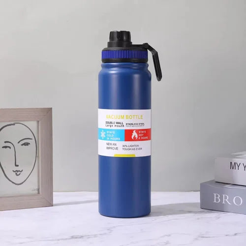 Navy blue 40oz insulated water bottle featuring double-wall construction and matching black lid