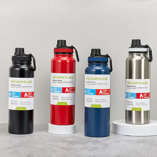 Red 40oz vacuum bottle highlighting a vibrant powder-coated finish and rugged black lid