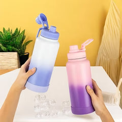 Lineup of five 40oz vacuum bottles in silver, white, red, navy, and pink displayed side-by-side