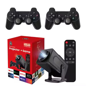 Black smart projector and game combo featuring two wireless controllers and remote control for streaming at Zoni Stores
