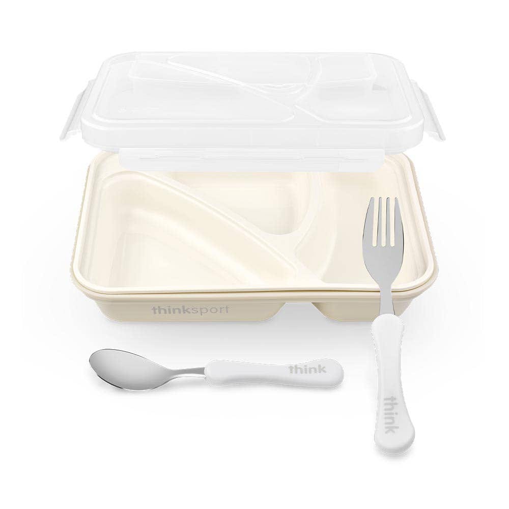 3-compartment kids bento lunch box with a matching spoon and fork set from Zoni Stores Pakistan.