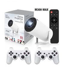 M300 Max 2-in-1 Game Projector with two wireless controllers and remote for home entertainment at Zoni Stores