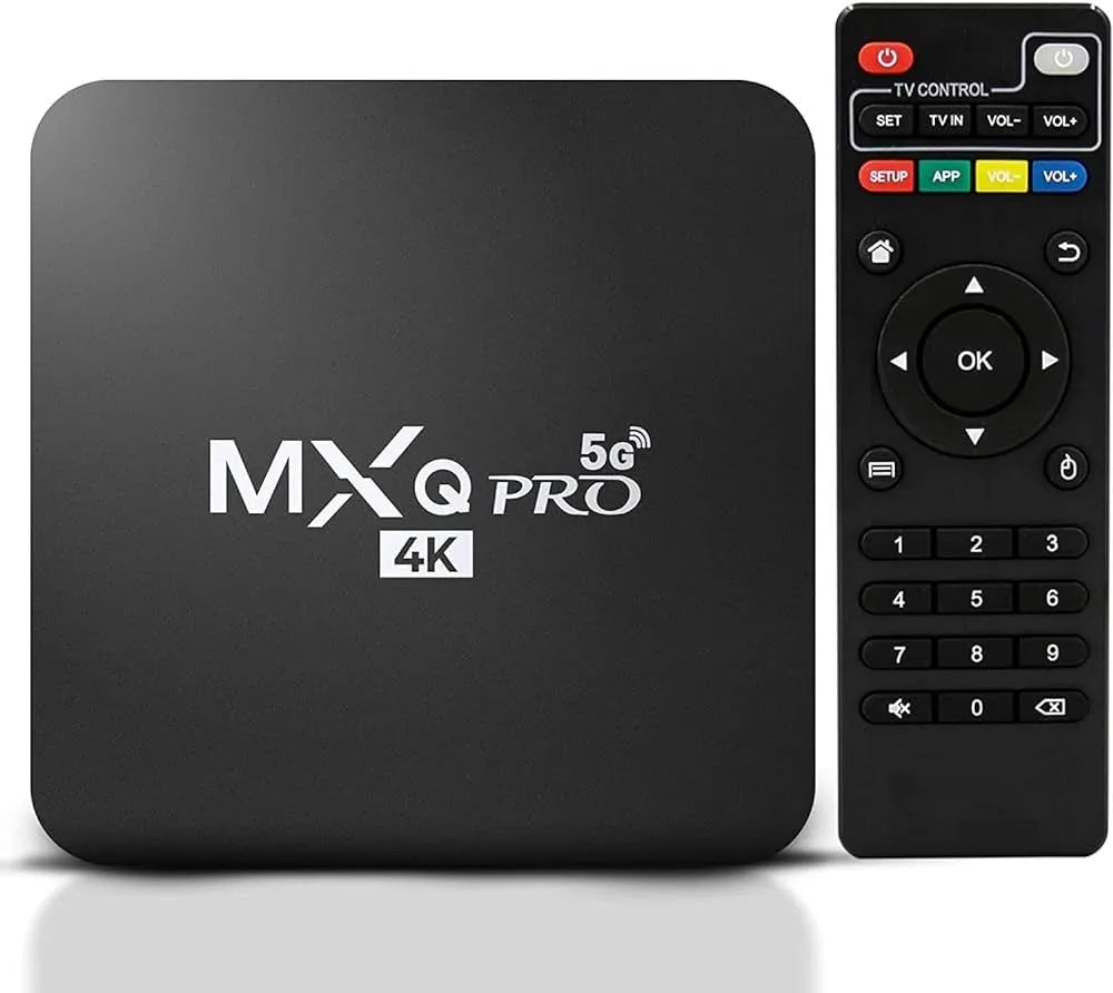 MXQ Pro 5G 4K Android Smart TV Box with remote control for high-definition streaming at Zoni Stores