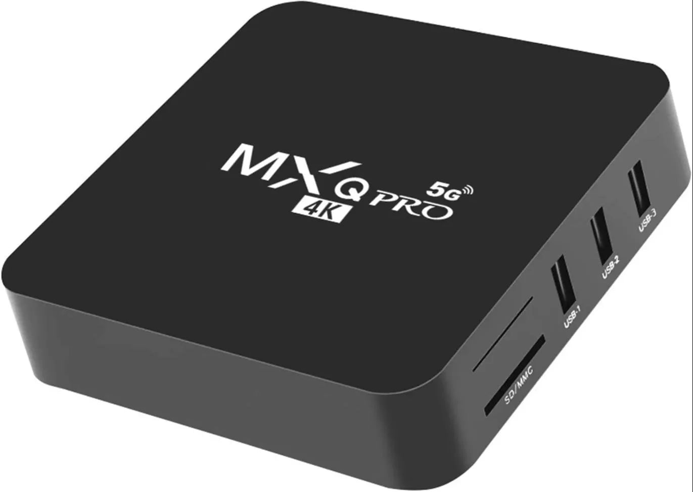 MXQ Pro 5G 4K Android TV Box showing side view with USB and SD/MMC card ports for Zoni Stores