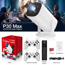 P30 Max LCD Full HD Smart Projector with gaming console and two wireless controllers for home theater and gaming at Zoni Stores