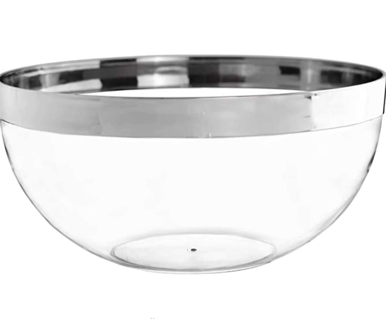 Clear plastic serving bowl featuring a decorative silver rim, ideal for party food and events at Zoni Stores