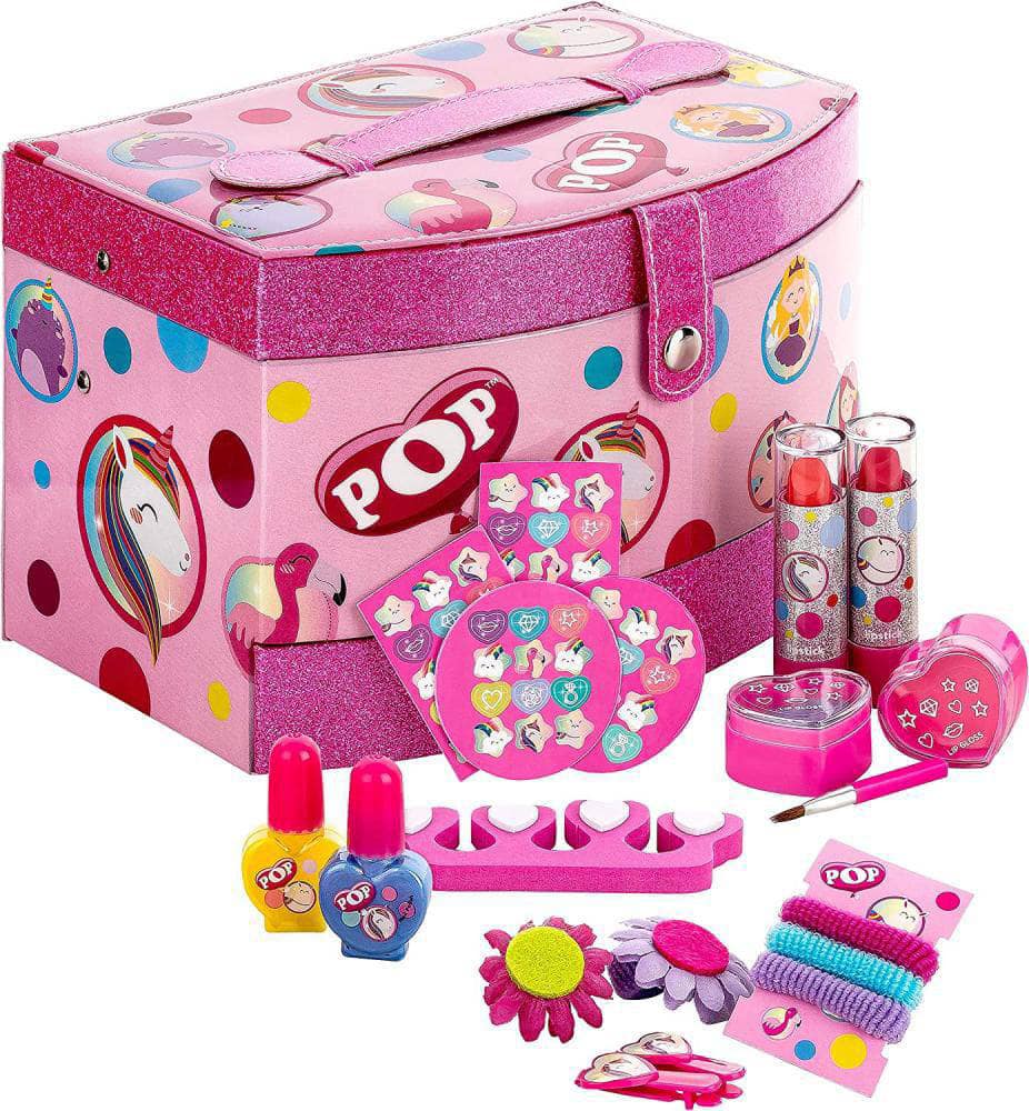 Premium pink kids vanity box from image_8c3e42.png featuring a glitter handle, toy makeup accessories, and hair bands by Zoni Stores.