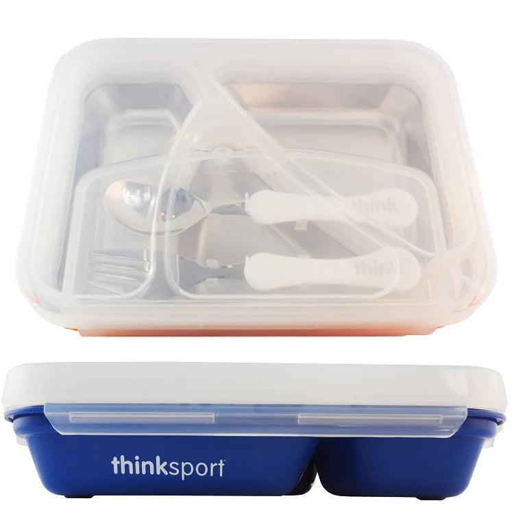 Ergonomic baby and toddler feeding lunch box set with easy-grip stainless steel spoon and fork from Zoni Stores.
