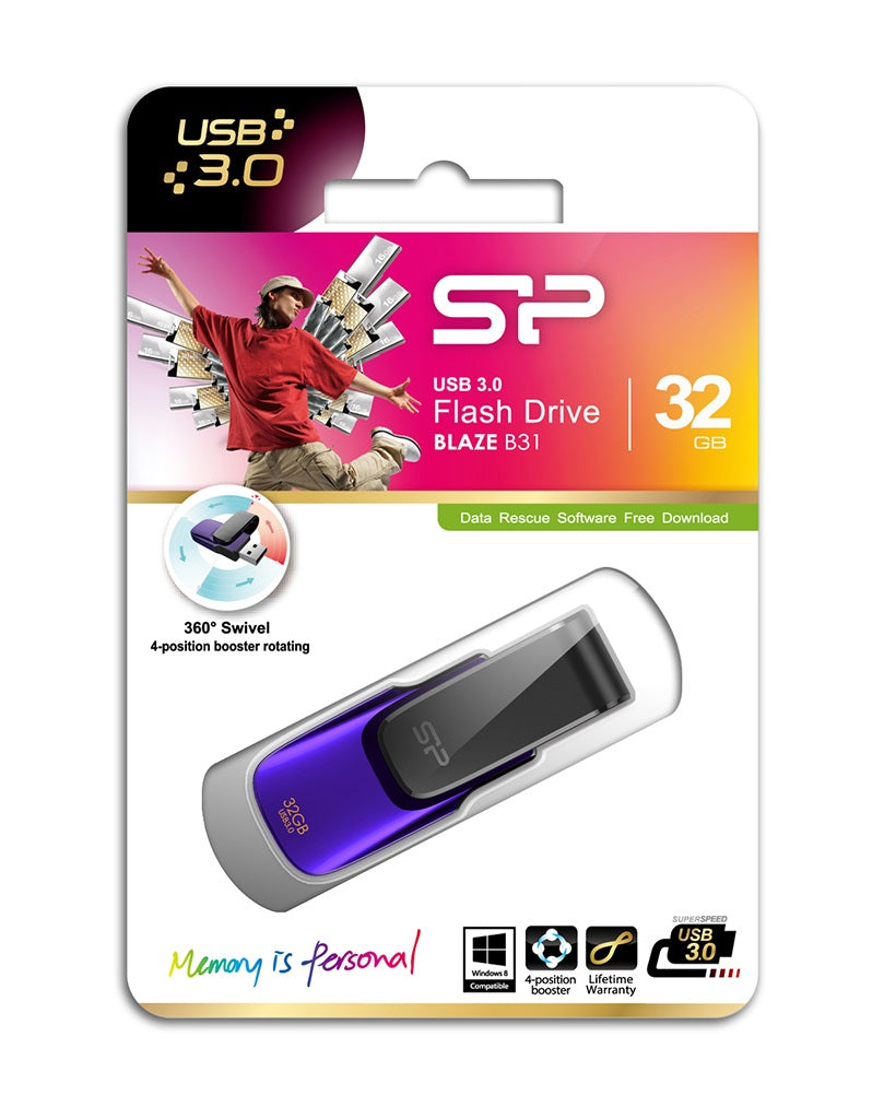 SILICON POWER, USB DRIVES 32GB Silicon Power Blaze B31 USB3.0 Swivel Cap Flash Drive Black/Purple Edition