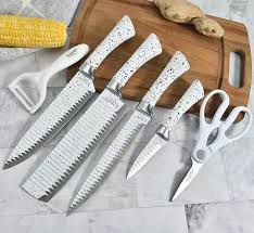 Stainless Steel Kitchen Knife Set featuring stylish marble finish handles